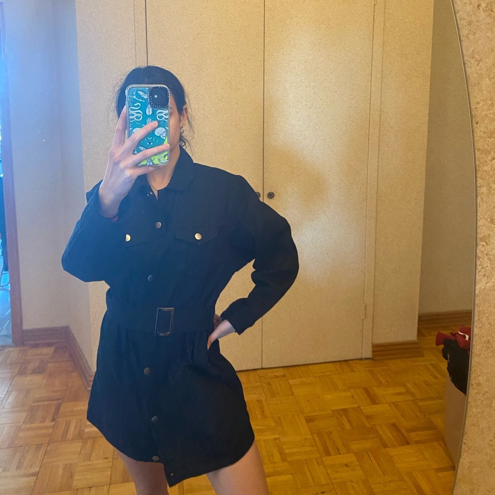 Black Jean Jacket with Adjustable Belt - Picture 2 of 5
